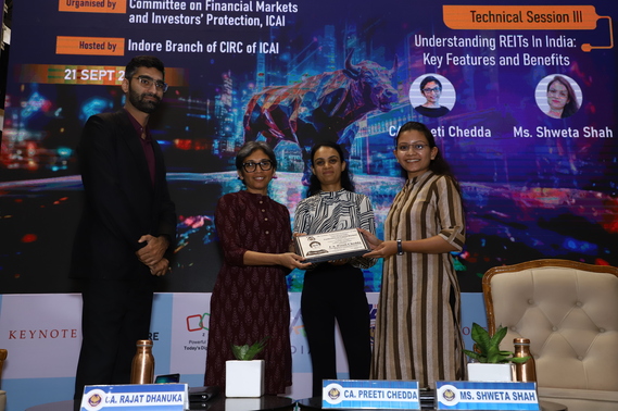 Ms. Preeti Chheda, Executive Committee Member of the Indian REITs Association and CFO of Mindspace Business Parks REIT, spoke on Understanding REITs in India: Key Features and Benefits at the ICAI event in Indore